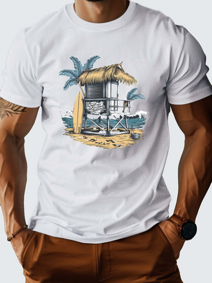 Men's Graphic T-Shirt Palm Trees With Thatched Beach Hut Among Sandy Shore Waves Hut