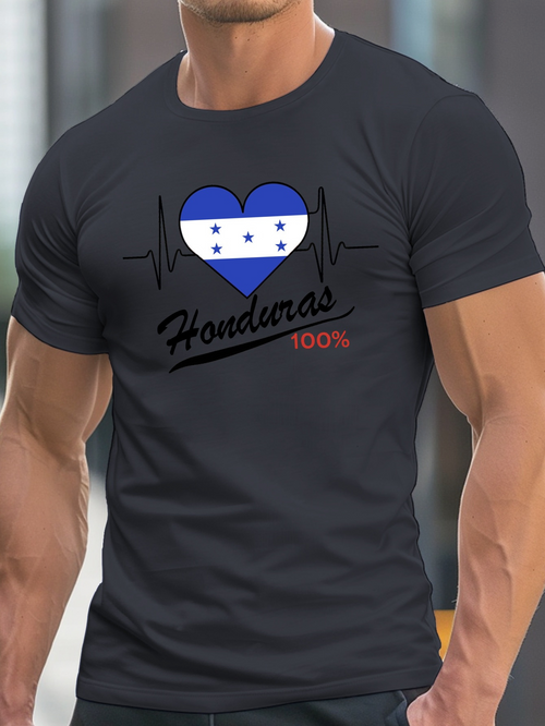 Men's Graphic T-Shirt Honduras Flag Heart With Black Electrocardiogram Line Accented By Red Text