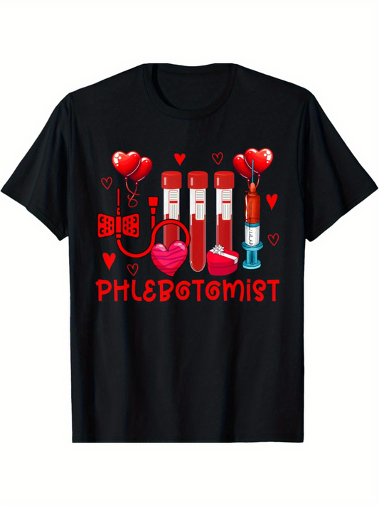 Men's Graphic T-Shirt Phlebotomist Red Hearts And Blood Sample Tubes With Syringe
