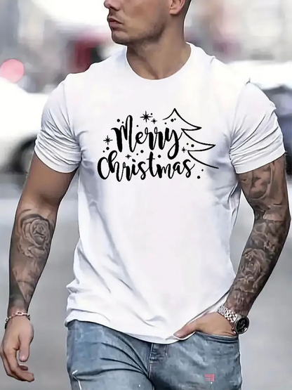 Men's Graphic T-Shirt Merry Christmas Modern Festive Calligraphy With Stylized Christmas Tree T Shirt