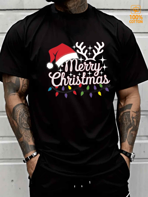 Men's Graphic T-Shirt Merry Christmas With Antlers Lights And Santa Hat Christmas