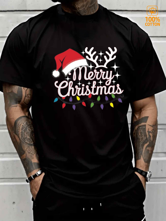 Men's Graphic T-Shirt Merry Christmas With Antlers Lights And Santa Hat Christmas