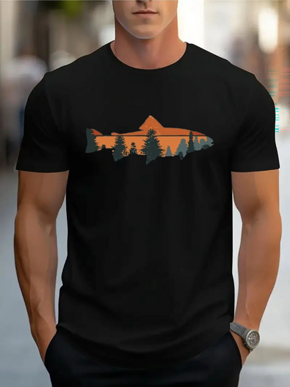 Men's Graphic T-Shirt Sunset Mountains And Pine Forest Reflected Within Silhouette Of Fish