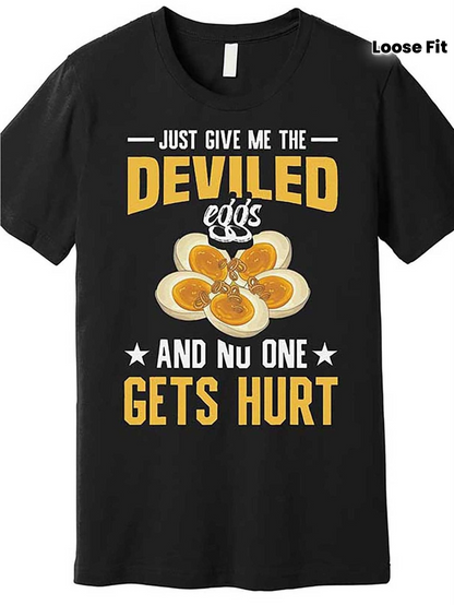 Men's Graphic T-Shirt Just Give Me The Deviled Eggs Surrounded By Star Motifs And Whimsical Typography With Snack