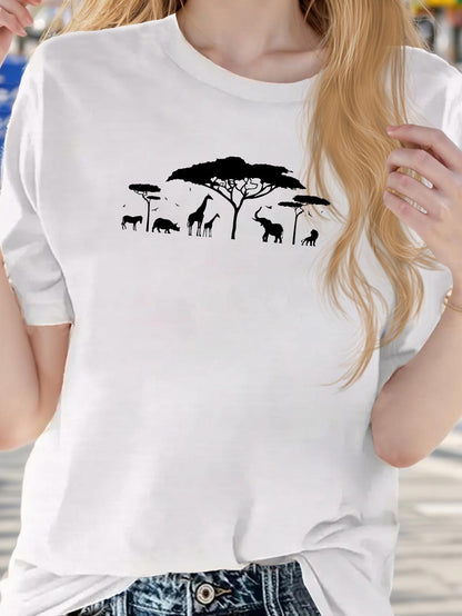 Women's Graphic T-Shirt Silhouetted Wildlife Among Acacia Trees On African Grassland Safari Scene