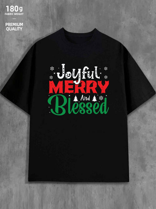 Men's Graphic T-Shirt Joyful Merry And Blessed Colorful Lettering With Decorative Snowflakes And Little Trees T Shirt