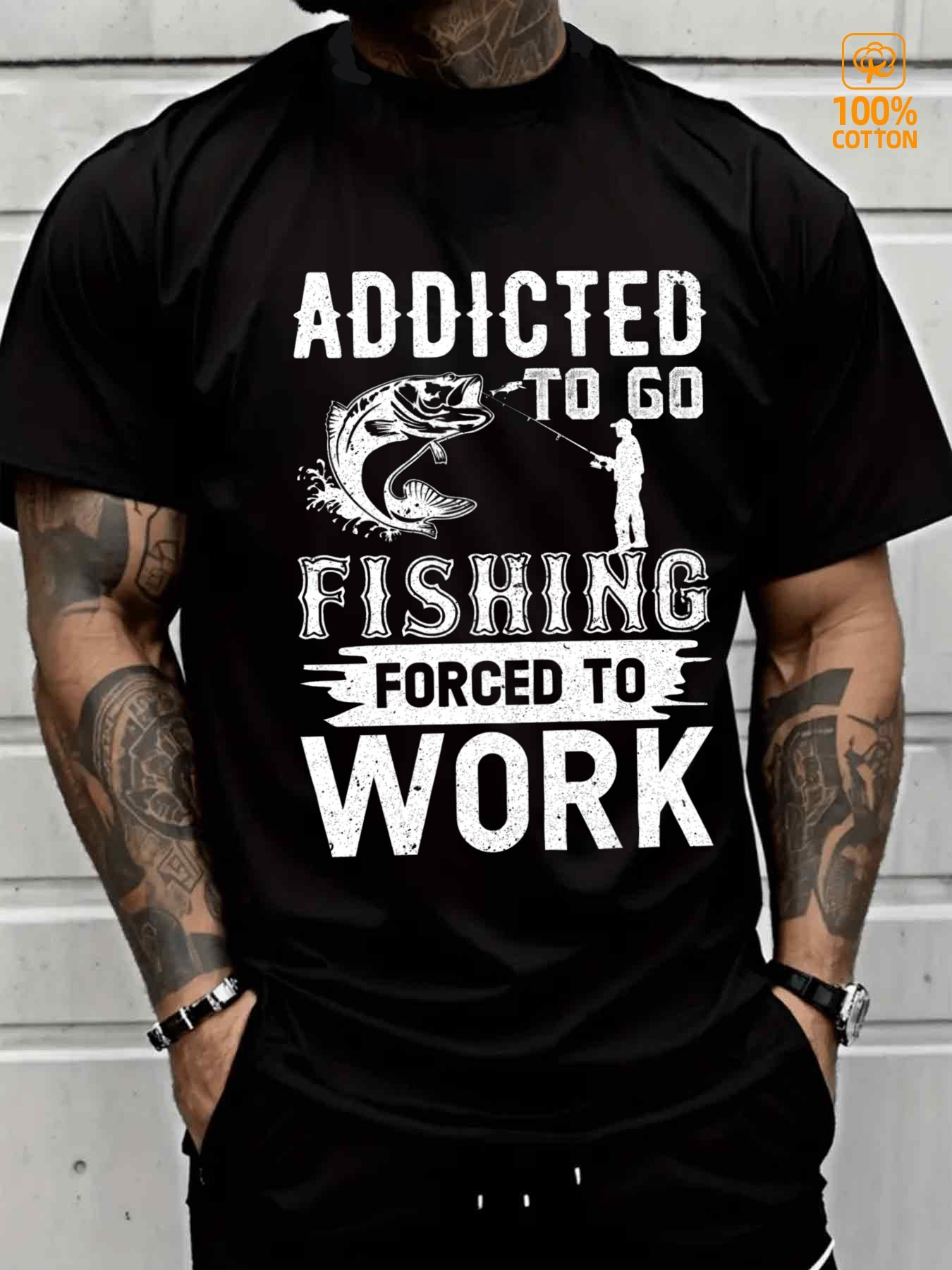 Men's Graphic T-Shirt Addicted To Go Fishing Forced To Work Vintage Illustration Of Leaping Fish