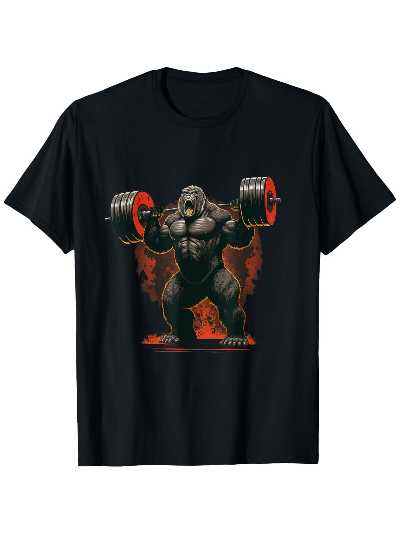Men's Graphic T-Shirt Fiery Powerlifting Scene With Muscular Gorilla Lifting Heavy Barbell