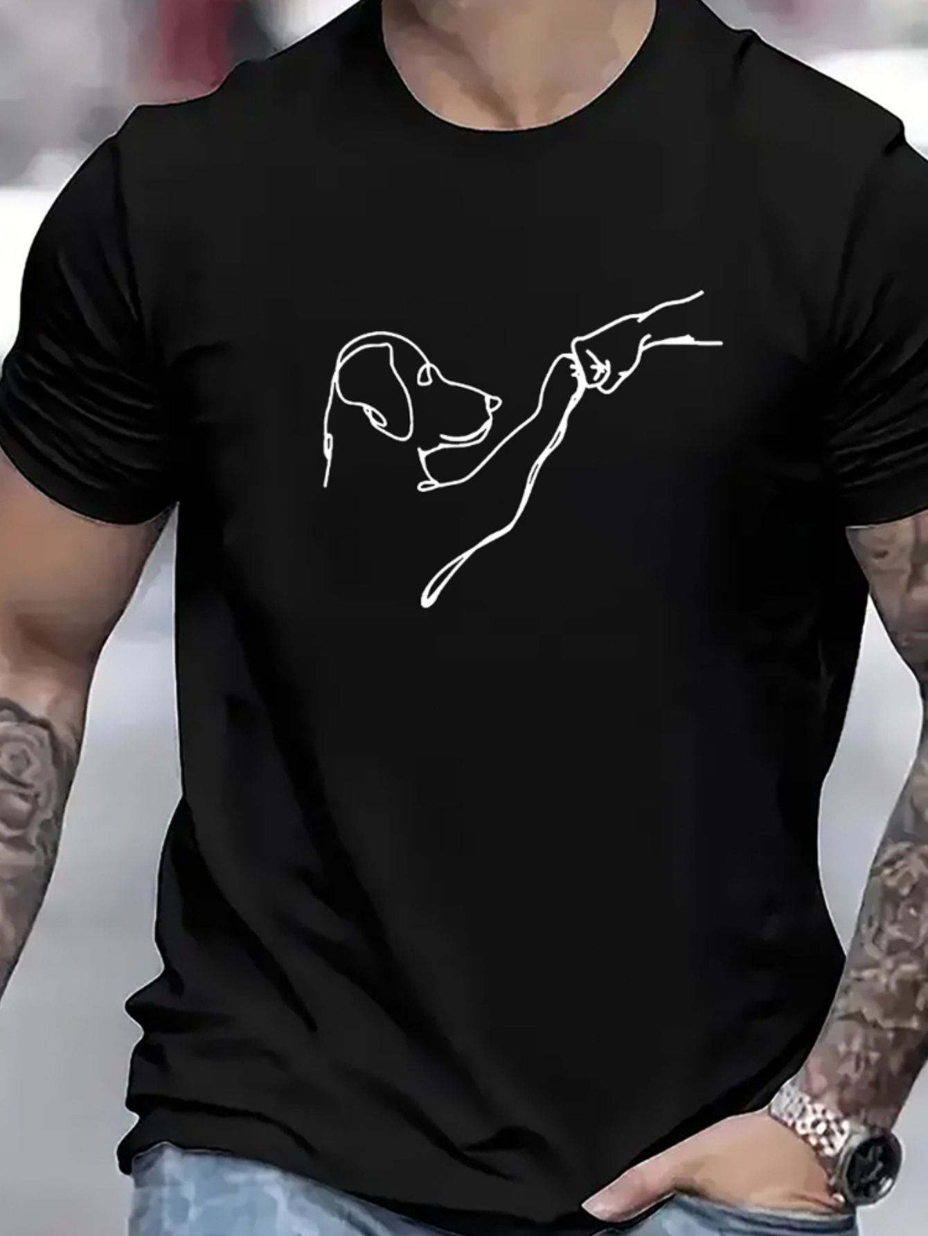 Men's Graphic T-Shirt Minimalist Line Drawing With Outstretched Hand Touching A Dachshund Dog