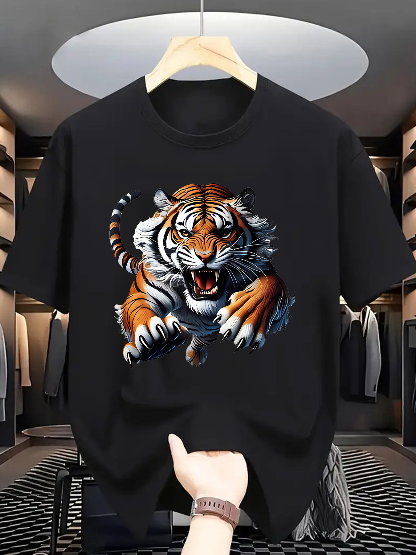 Men's Graphic T-Shirt Fierce Jungle Predator With Sharp Claws And Roaring Powerful Tiger