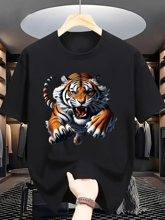 Men's Graphic T-Shirt Fierce Jungle Predator With Sharp Claws And Roaring Powerful Tiger