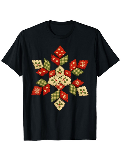 Men's Graphic T-Shirt Festive Patchwork Star With Traditional Christmas Colors And Quilted Style Flower