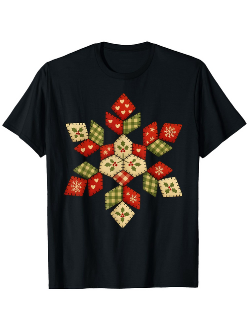 Men's Graphic T-Shirt Festive Patchwork Star With Traditional Christmas Colors And Quilted Style Flower