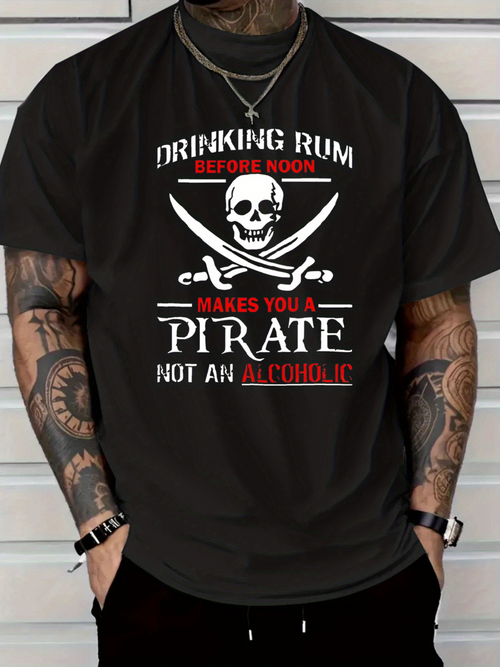 Men's Graphic T-Shirt Drinking Rum Before Noon Pirate Skull With Crossed Swords And Bold Red Lettering