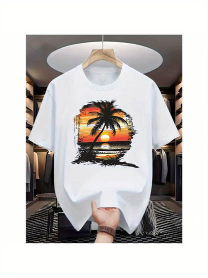 Men's Graphic T-Shirt Lazy Sunset Coloring The Calm Ocean With Falling Light Palm Tree