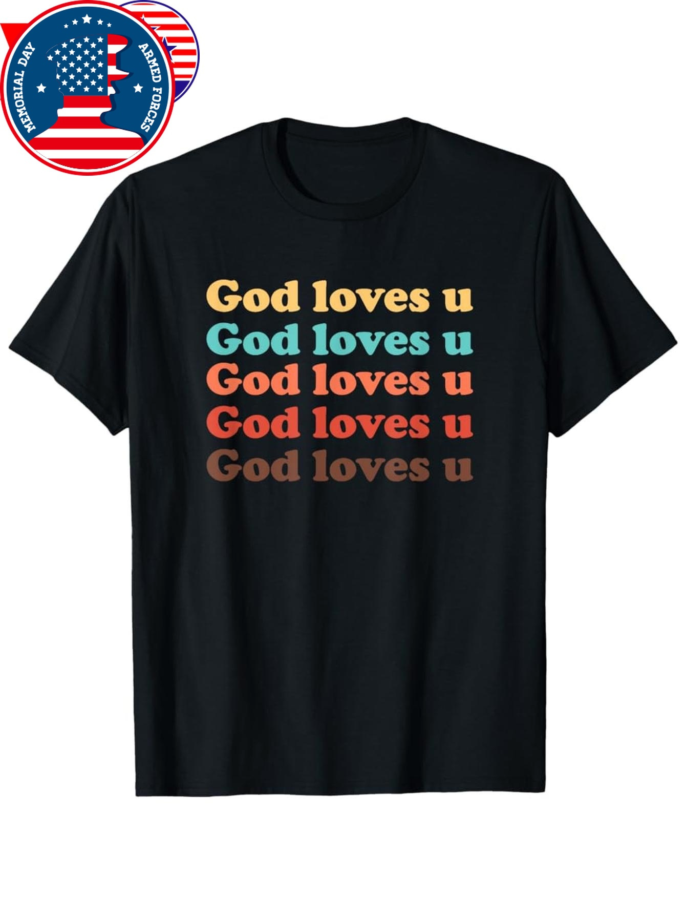 Men's Graphic T-Shirt God Loves U Vibrant Multicolor Layered Lettering On Black T Shirt