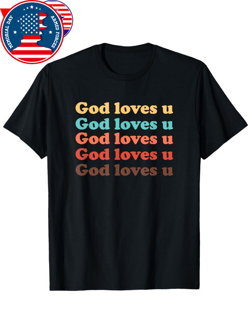 Men's Graphic T-Shirt God Loves U Vibrant Multicolor Layered Lettering On Black T Shirt