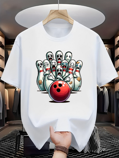 Men's Graphic T-Shirt Cartoon Faces With Shining Bowling Ball And Funny Bowling Pins