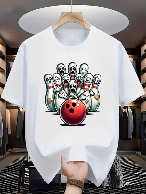 Men's Graphic T-Shirt Cartoon Faces With Shining Bowling Ball And Funny Bowling Pins