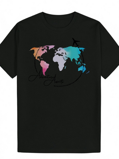 Men's Graphic T-Shirt Colorful World Map With Airplane Flying Over Continents