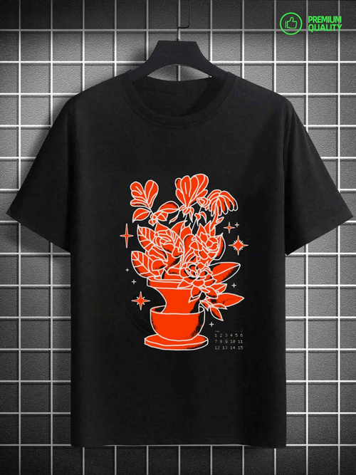 Men's Graphic T-Shirt Red Floral Blooms Radiating Light Over Ceramic Flowerpot