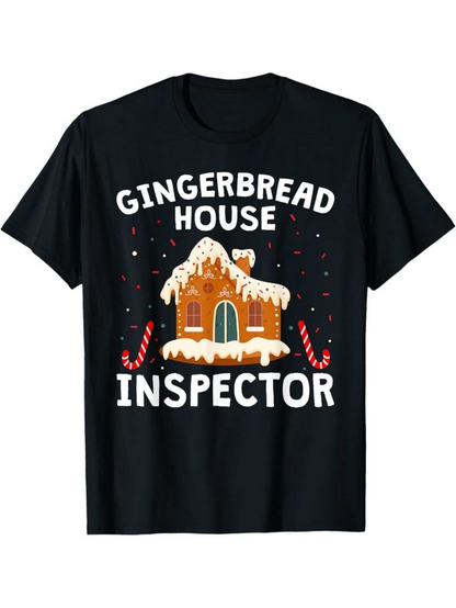 Men's Graphic T-Shirt Gingerbread House Inspector With Frosted Candy Canes Under Snow House