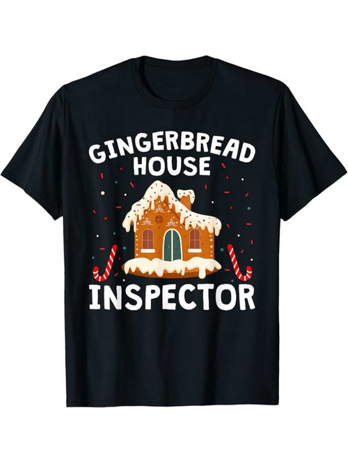 Men's Graphic T-Shirt Gingerbread House Inspector With Frosted Candy Canes Under Snow House