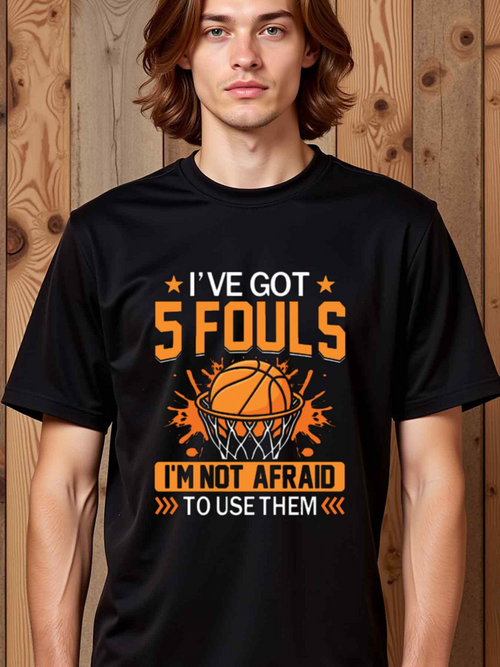 Men's Graphic T-Shirt Ive Got Five Fouls Flaming Basketball Under Orange Stars