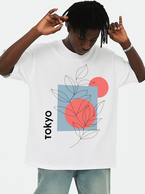 Men's Graphic T-Shirt Tokyo Modern Line Art With Red Sun Overlapping Blue Square Leaf