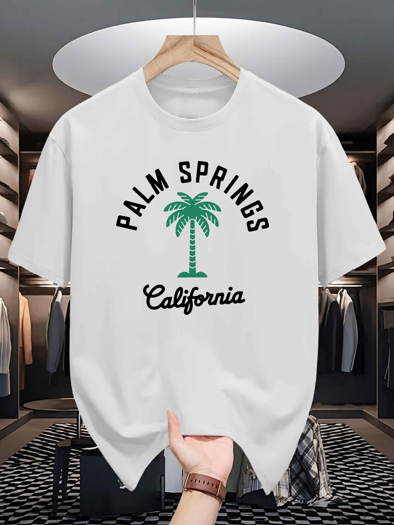 Men's Graphic T-Shirt Palm Springs California With Green Palm Tree Under Summer Sun