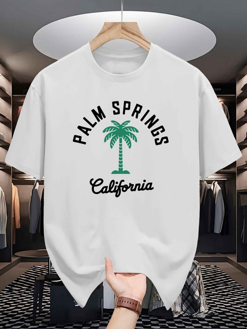 Men's Graphic T-Shirt Palm Springs California With Green Palm Tree Under Summer Sun
