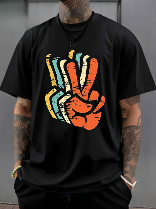 Men's Graphic T-Shirt Retro Striped Peace Hand Sign With Faded Vintage Colors