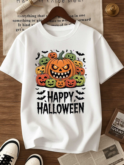 Men's Graphic T-Shirt Happy Halloween Colorful Pumpkins With Bats Under Spooky Night Pumpkin