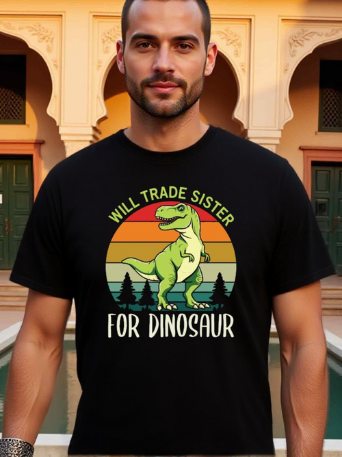 Men's Graphic T-Shirt Will Trade Sister For Dinosaur Retro Sunset Forest With Green Dinosaur