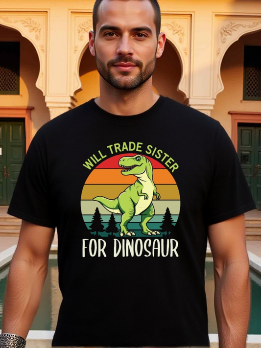Men's Graphic T-Shirt Will Trade Sister For Dinosaur Retro Sunset Forest With Green Dinosaur