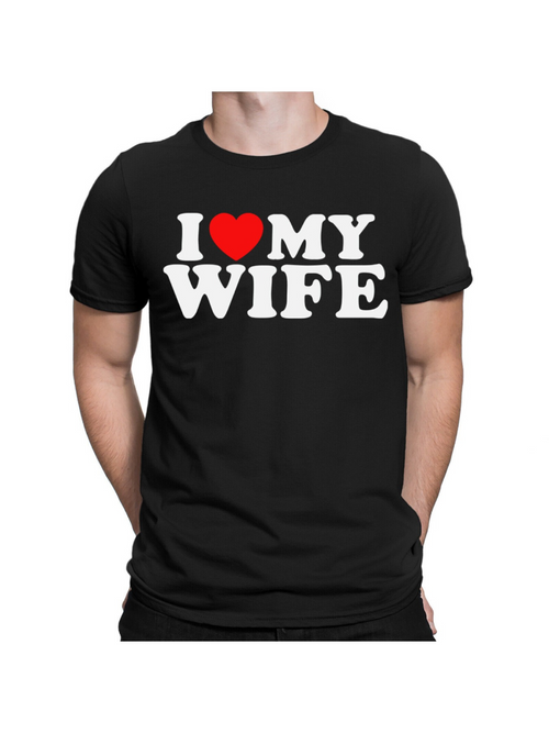 Men's Graphic T-Shirt I Love My Wife Bold White Letters With Red Heart Center Typography