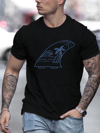 Men's Graphic T-Shirt Nighttime Island Palms With Lines And Surfboard Wave
