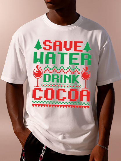 Men's Graphic T-Shirt Save Water Drink Cocoa With Playful Pixel Art Festive Holiday Motifs Cocoa