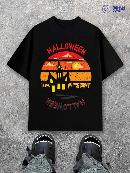 Men's Graphic T-Shirt Halloween Haunted House With Sunset And Flying Bats Silhouette