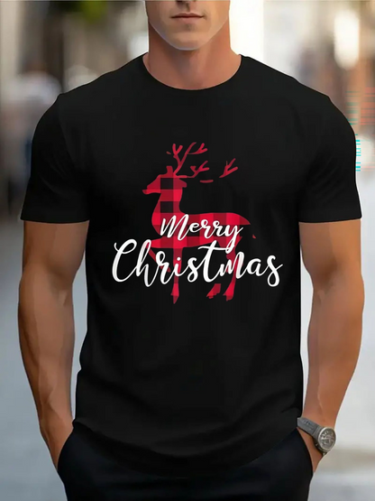 Men's Graphic T-Shirt Merry Christmas Red Plaid Reindeer Silhouette With Winter Holiday Festive Season Theme
