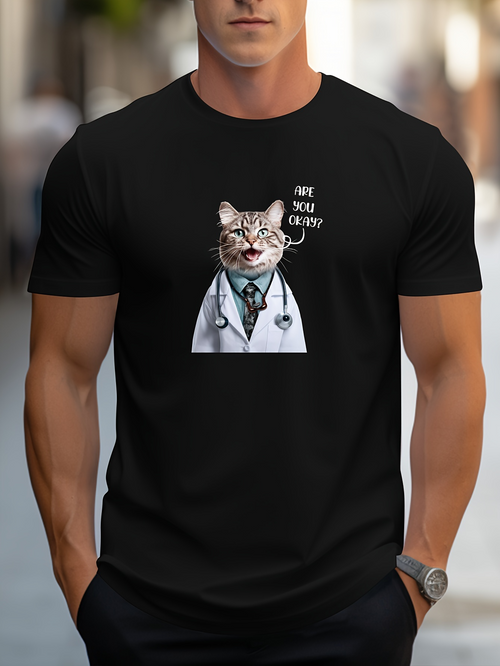 Men's Graphic T-Shirt Are You Okay Playful Cat With Glasses Wearing Doctor Coat