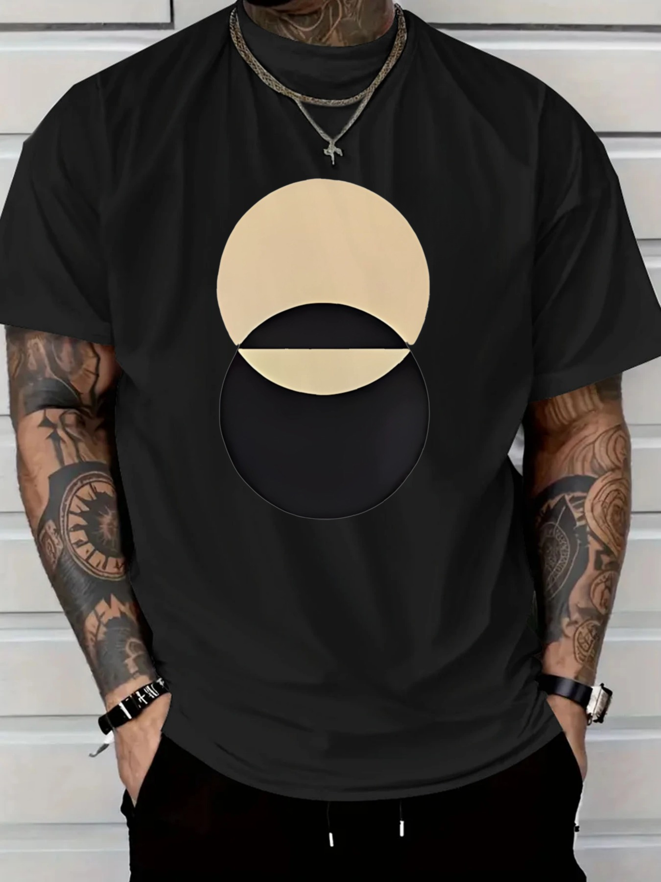Men's Graphic T-Shirt Minimalist Beige Moon Rising Over Solid Black Circle