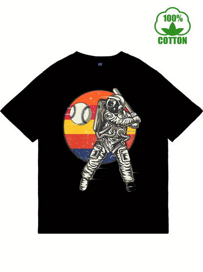 Men's Graphic T-Shirt Retro Sunset Colors With Astronaut Swinging Baseball Bat Astronaut