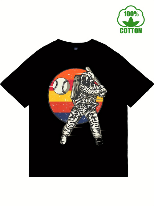 Men's Graphic T-Shirt Retro Sunset Colors With Astronaut Swinging Baseball Bat Astronaut
