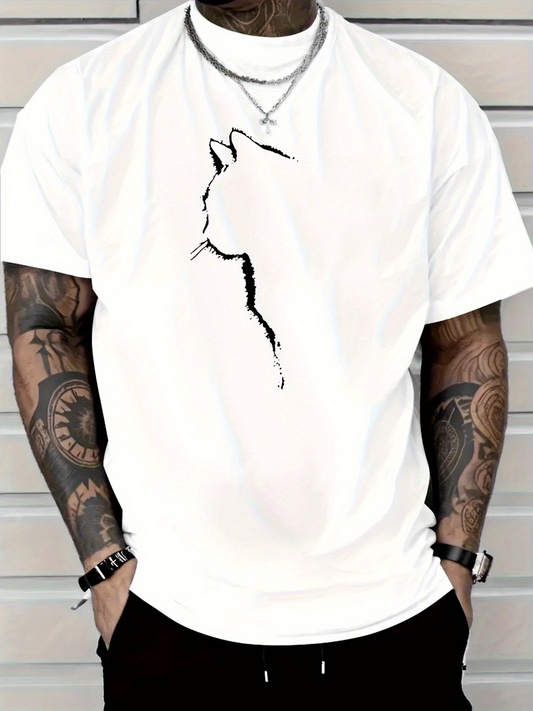 Men's Graphic T-Shirt Minimal Ink Lines Depicting Silent Elegant Sitting Cat