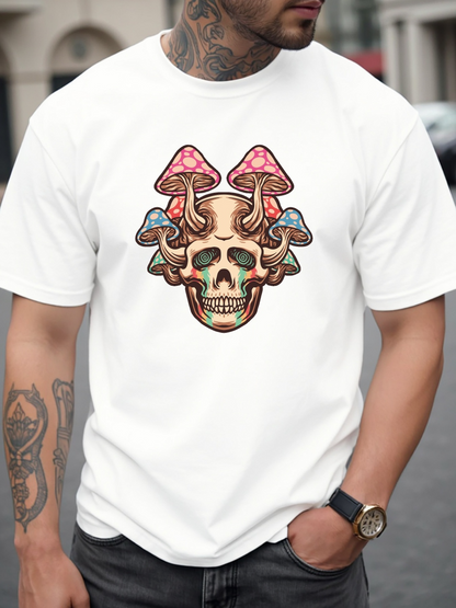 Men's Graphic T-Shirt Vibrant Mushroom Clusters Growing Out Of Grinning Human Skull