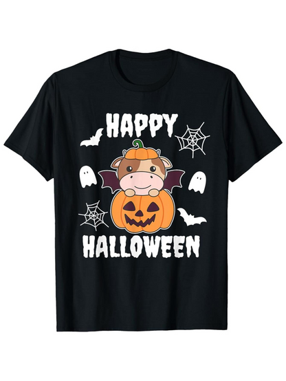 Men's Graphic T-Shirt Happy Halloween Cute Cow In Pumpkin Surrounded By Ghosts And Spider Webs