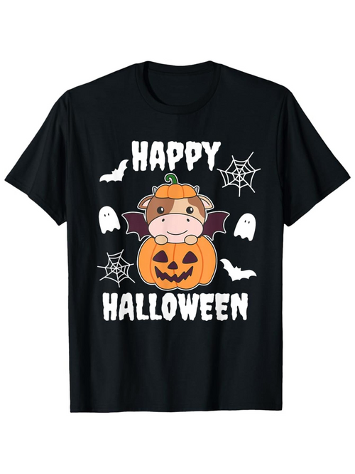 Men's Graphic T-Shirt Happy Halloween Cute Cow In Pumpkin Surrounded By Ghosts And Spider Webs