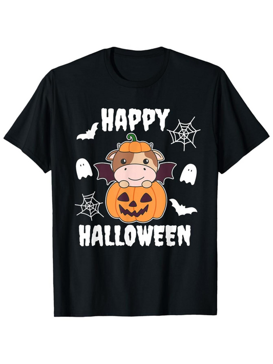 Men's Graphic T-Shirt Happy Halloween Cute Cow In Pumpkin Surrounded By Ghosts And Spider Webs