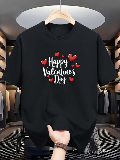 Men's Graphic T-Shirt Happy Valentines Day Floating Hearts With Whimsical Romantic Black T Shirt